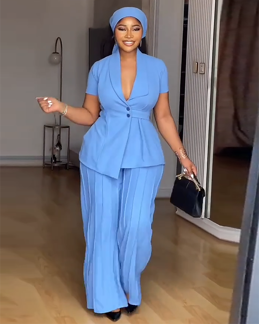 Elegant Shawl Collar Blazer And Wide Leg Pants 2Pcs Set OMFORT