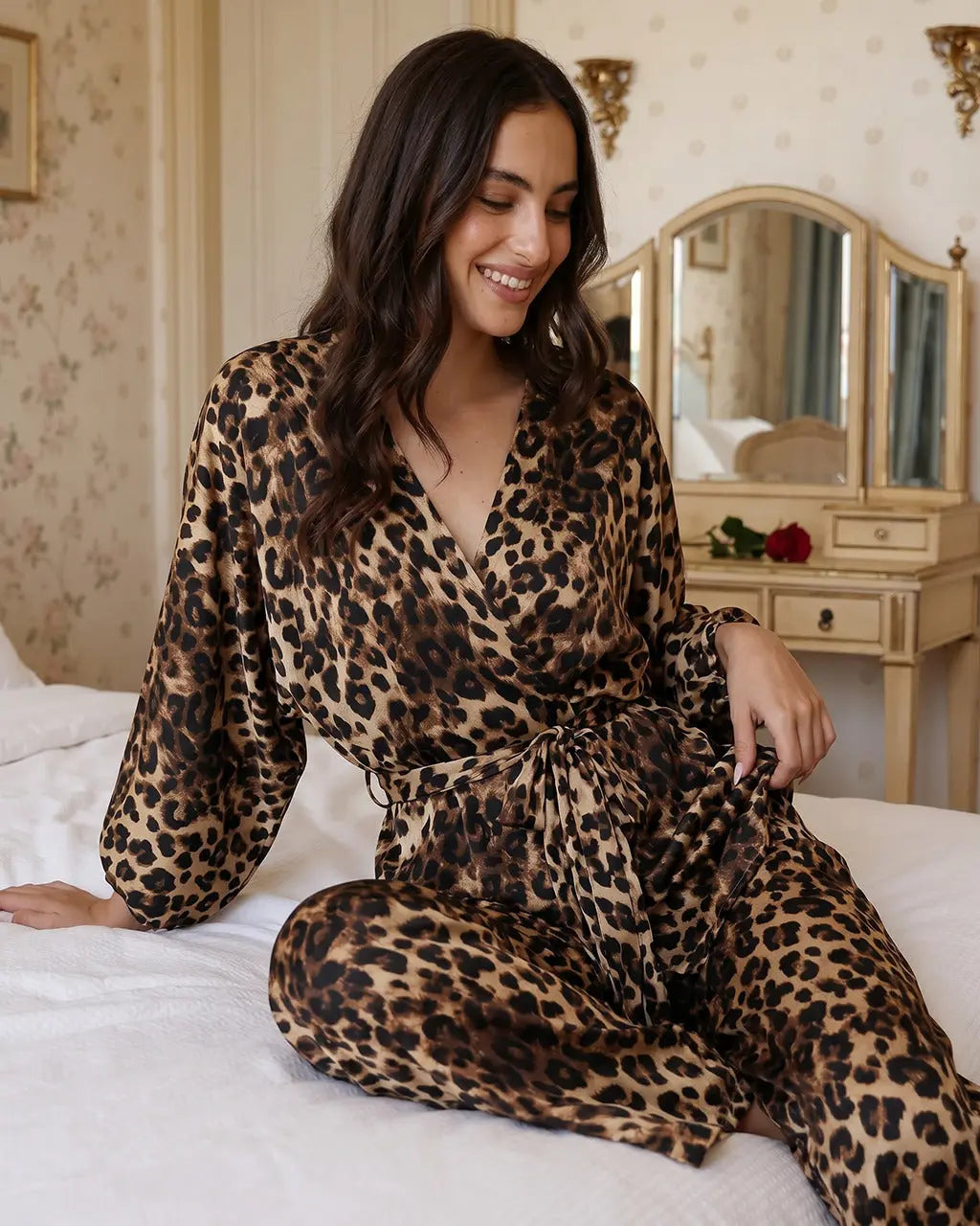 Leopard Print Long Sleeve Belted Waist Top And Trousers Pyjama Set OMFORT