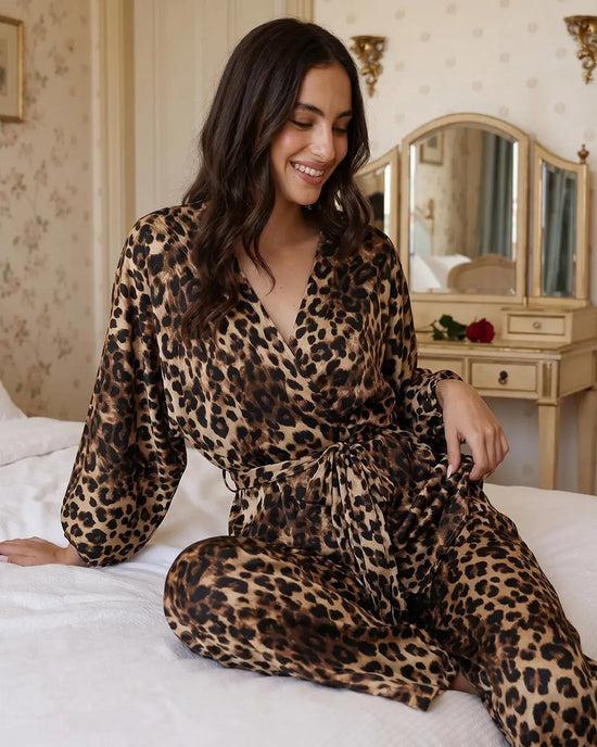 Leopard Print Long Sleeve Belted Waist Top And Trousers Pyjama Set OMFORT