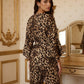 Leopard Print Long Sleeve Belted Waist Top And Trousers Pyjama Set OMFORT