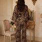 Leopard Print Long Sleeve Belted Waist Top And Trousers Pyjama Set OMFORT