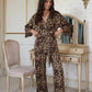 Leopard Print Long Sleeve Belted Waist Top And Trousers Pyjama Set OMFORT
