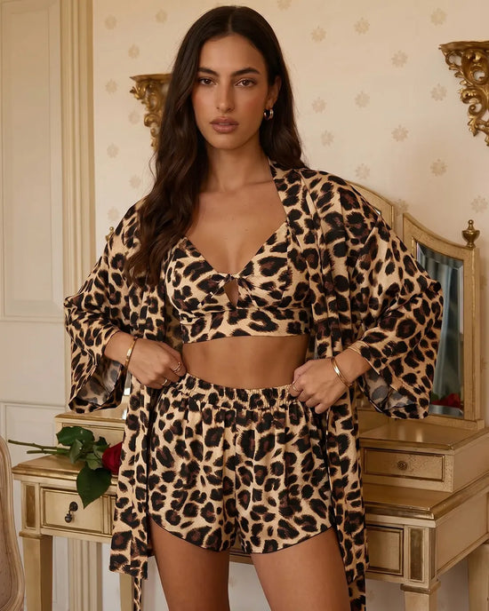 Leopard Print Strappy Crop Top And High Waist Shorts 3Pcs Pyjama Set With Matching Gown OMFORT