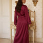 Wine Red Satin 3-Piece Loungewear Set with Long Robe, Bralette & Shorts OMFORT
