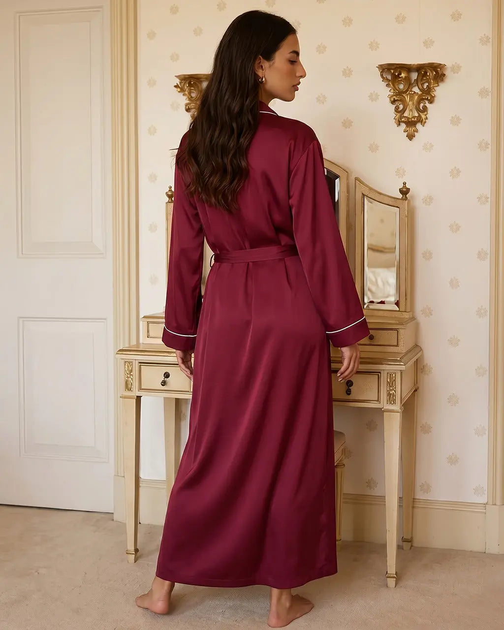 Wine Red Satin 3-Piece Loungewear Set with Long Robe, Bralette & Shorts OMFORT
