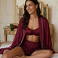 Wine Red Satin 3-Piece Loungewear Set with Long Robe, Bralette & Shorts OMFORT