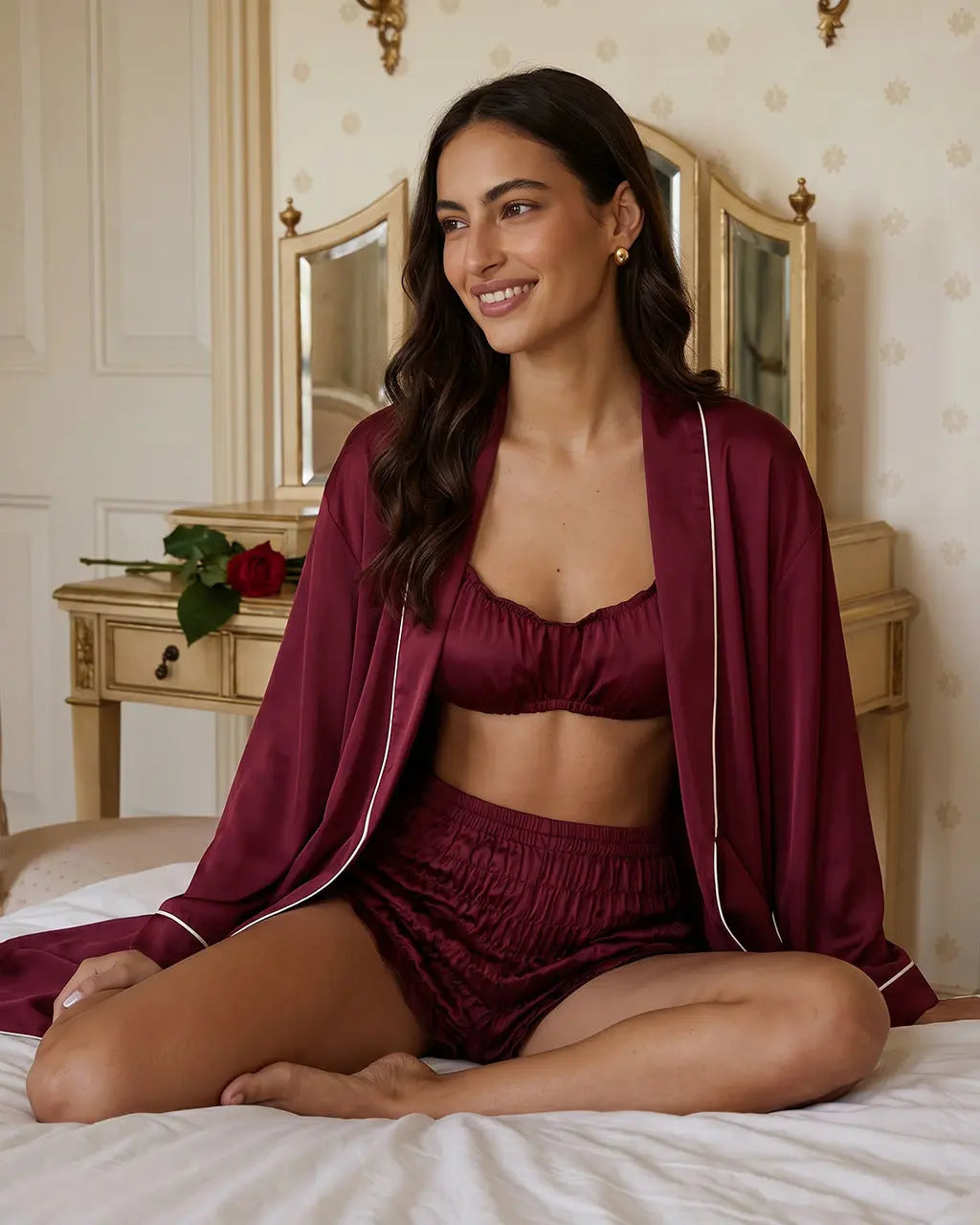 Wine Red Satin 3-Piece Loungewear Set with Long Robe, Bralette & Shorts OMFORT