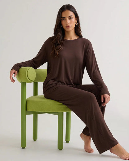 Brown Long Sleeve Two-piece Lounge Set OMFORT
