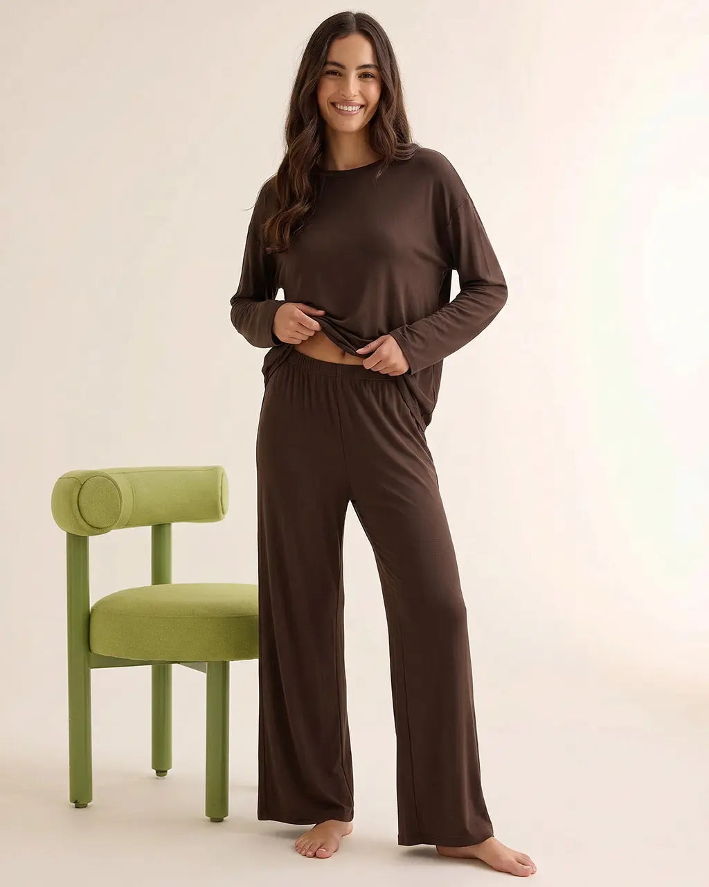 Brown Long Sleeve Two-piece Lounge Set OMFORT