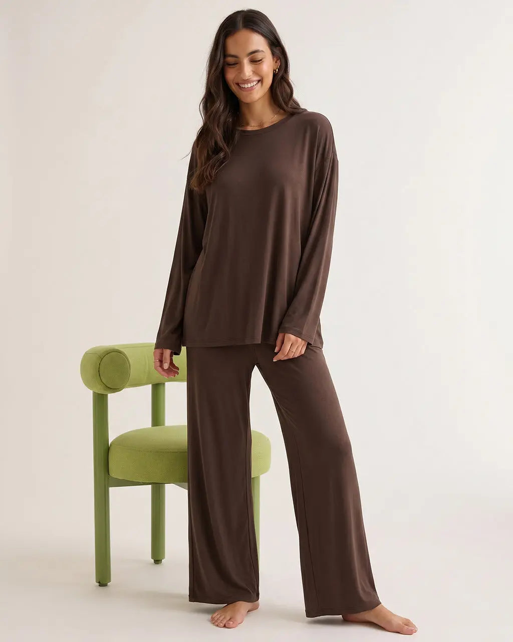 Brown Long Sleeve Two-piece Lounge Set OMFORT
