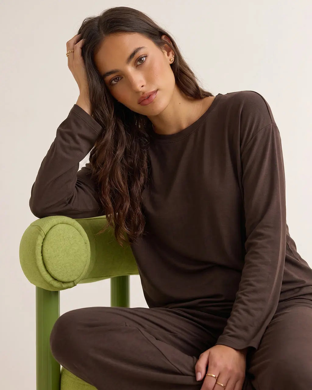 Brown Long Sleeve Two-piece Lounge Set OMFORT