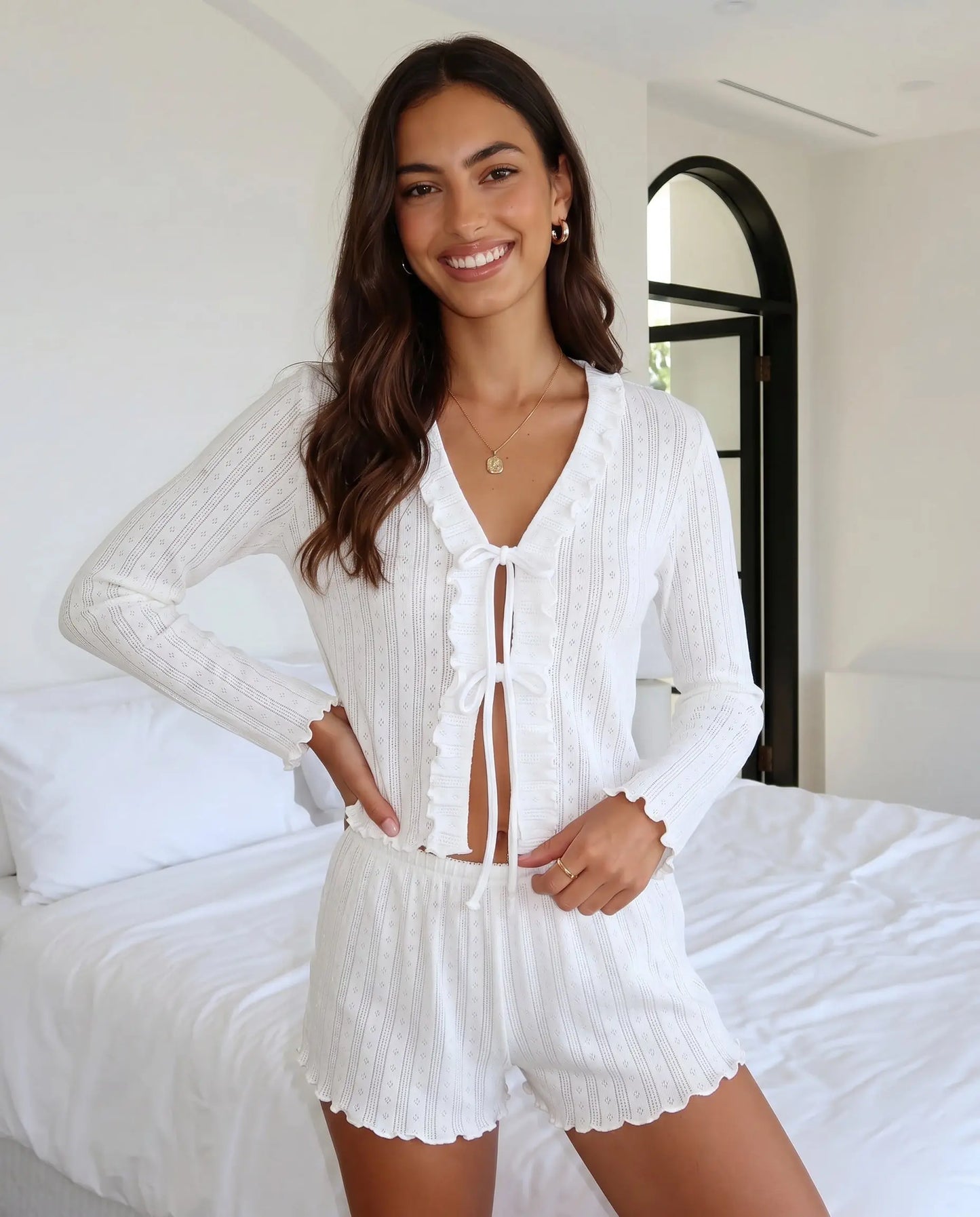 Ribbed Tie Front Cropped Top And Ruffle Hem Shorts Lounge Set OMFORT