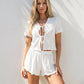 White Eyelet Lace-Up Short Sleeve & Shorts Pajama Set OMFORT