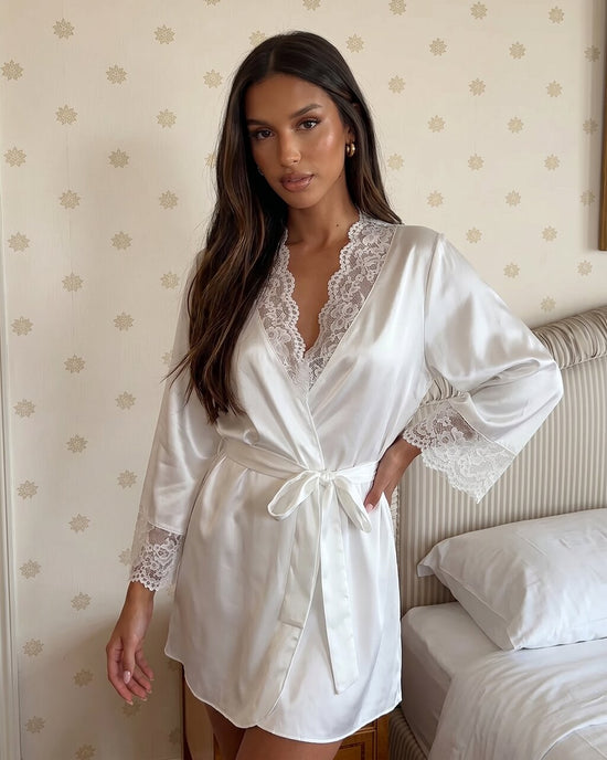 Silky White Satin Lace Robe OMFORT