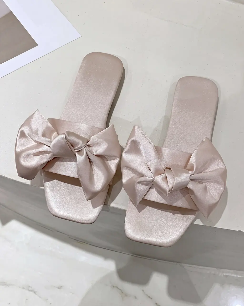 Women's Satin Bow Open-Toe Flat Slippers OMFORT