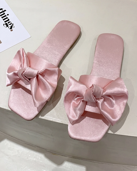 Women's Satin Bow Open-Toe Flat Slippers OMFORT