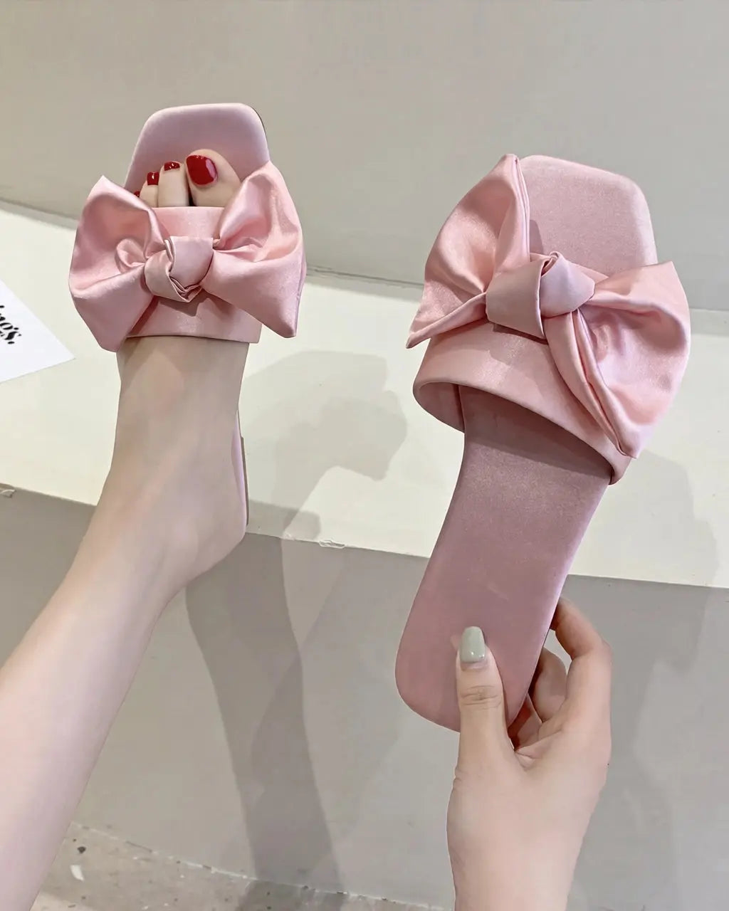 Women's Satin Bow Open-Toe Flat Slippers OMFORT