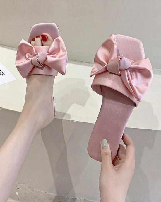 Women's Satin Bow Open-Toe Flat Slippers OMFORT