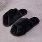 Cream White Cross Band Fuzzy Slippers OMFORT