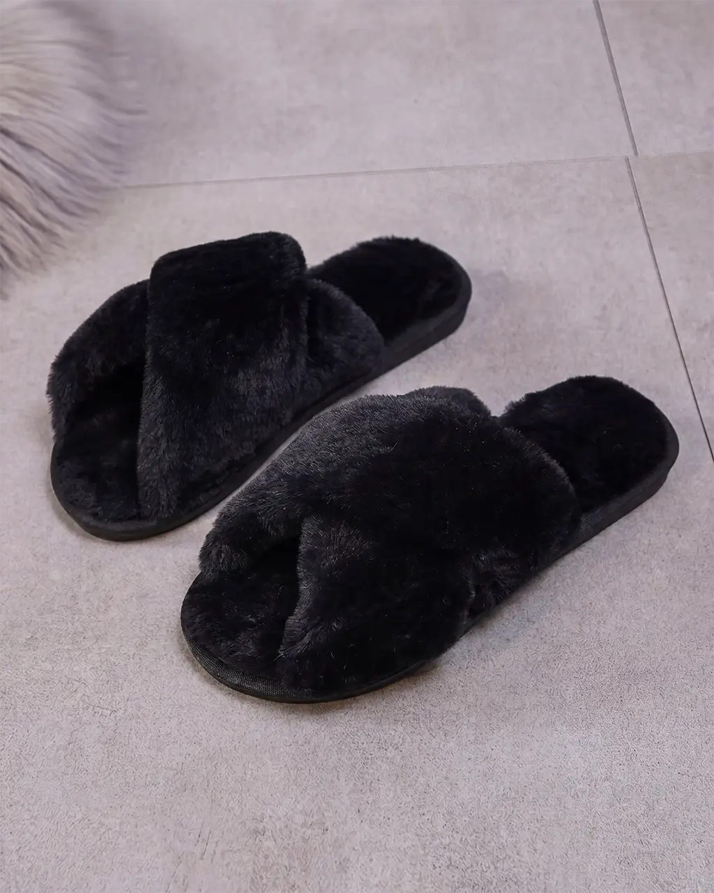 Cream White Cross Band Fuzzy Slippers OMFORT