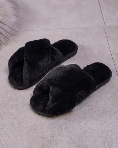 Cream White Cross Band Fuzzy Slippers OMFORT
