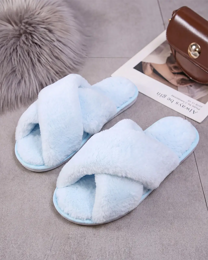 Cream White Cross Band Fuzzy Slippers OMFORT