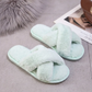 Cream White Cross Band Fuzzy Slippers OMFORT