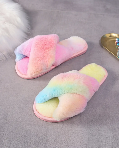 Cream White Cross Band Fuzzy Slippers OMFORT