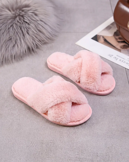 Cream White Cross Band Fuzzy Slippers OMFORT
