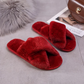 Cream White Cross Band Fuzzy Slippers OMFORT
