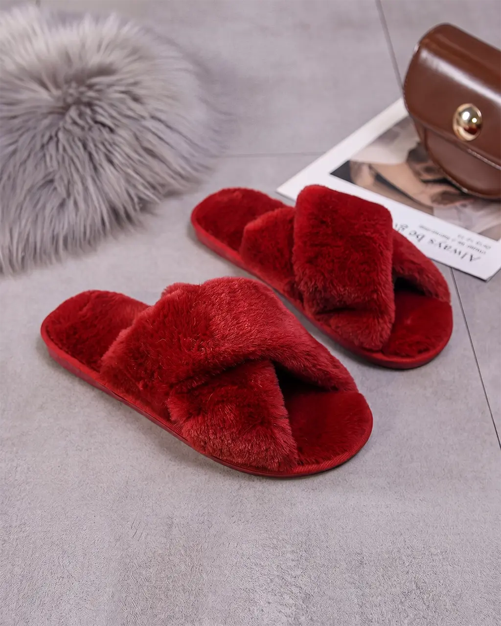 Cream White Cross Band Fuzzy Slippers OMFORT