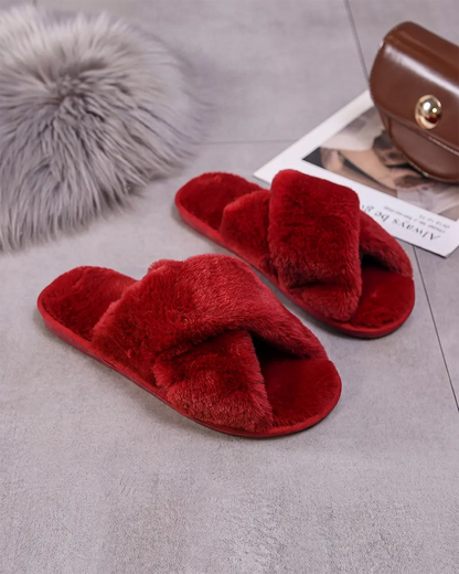 Cream White Cross Band Fuzzy Slippers OMFORT