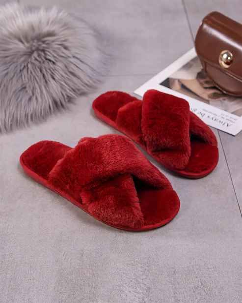 Cream White Cross Band Fuzzy Slippers OMFORT