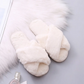 Cream White Cross Band Fuzzy Slippers OMFORT