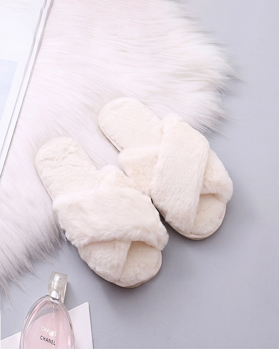 Cream White Cross Band Fuzzy Slippers OMFORT