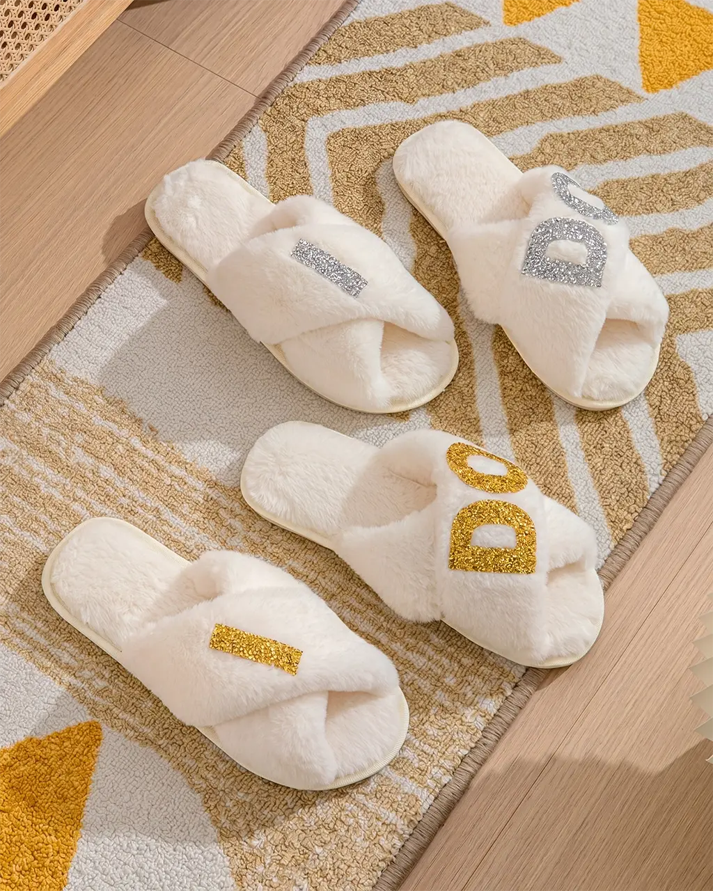 I DO Glitter Cross Band Fuzzy Slippers OMFORT