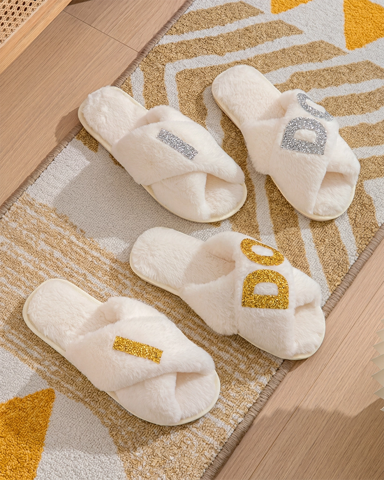I DO Glitter Cross Band Fuzzy Slippers OMFORT