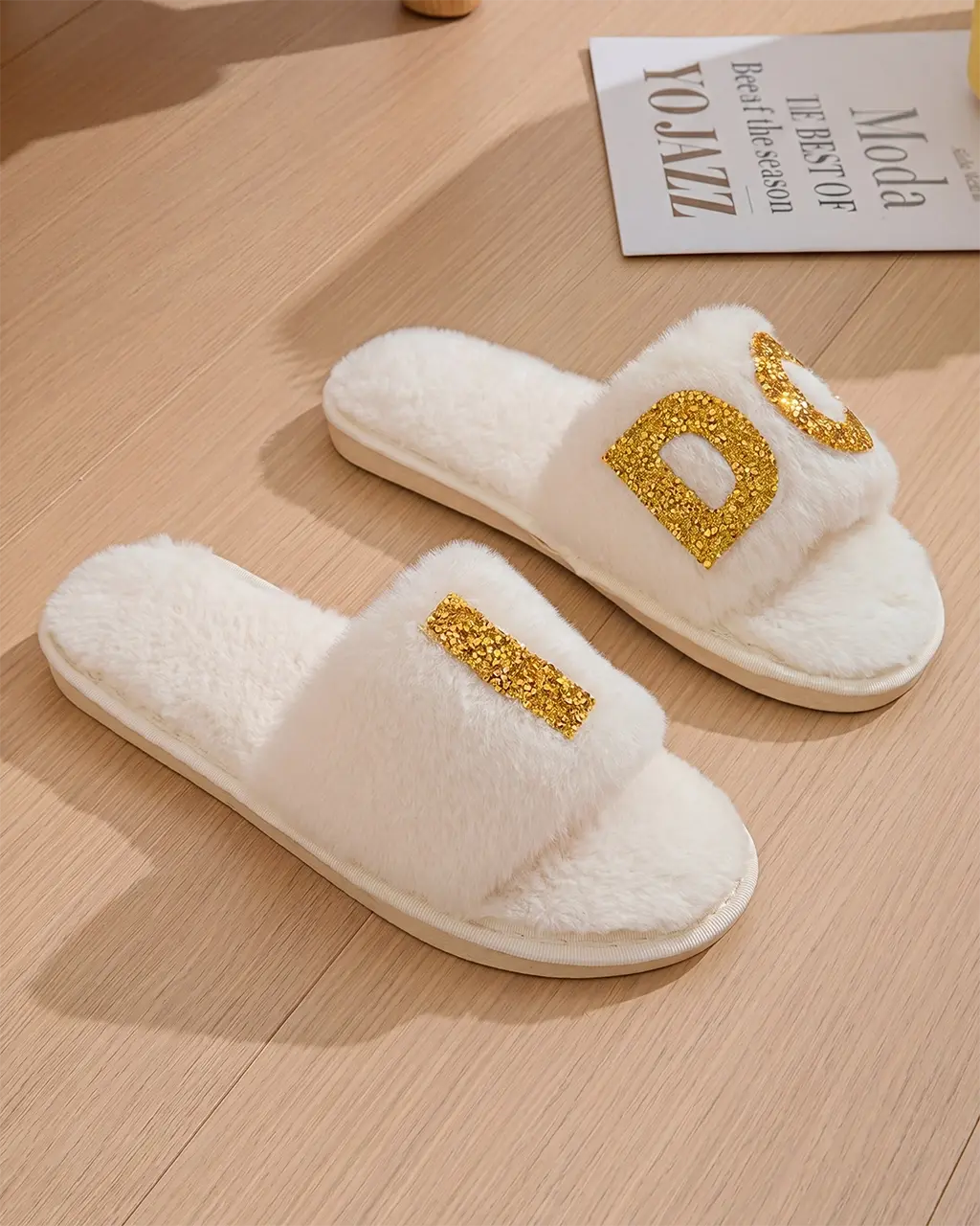 I DO Glitter Letter Fuzzy Slide Slippers OMFORT