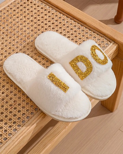 I DO Glitter Letter Fuzzy Slide Slippers OMFORT