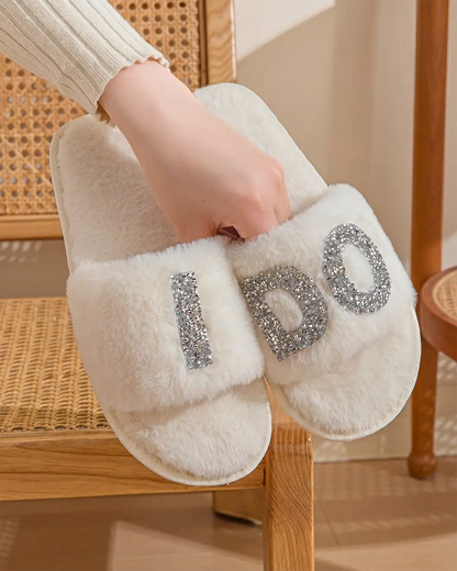I DO Glitter Letter Fuzzy Slide Slippers OMFORT