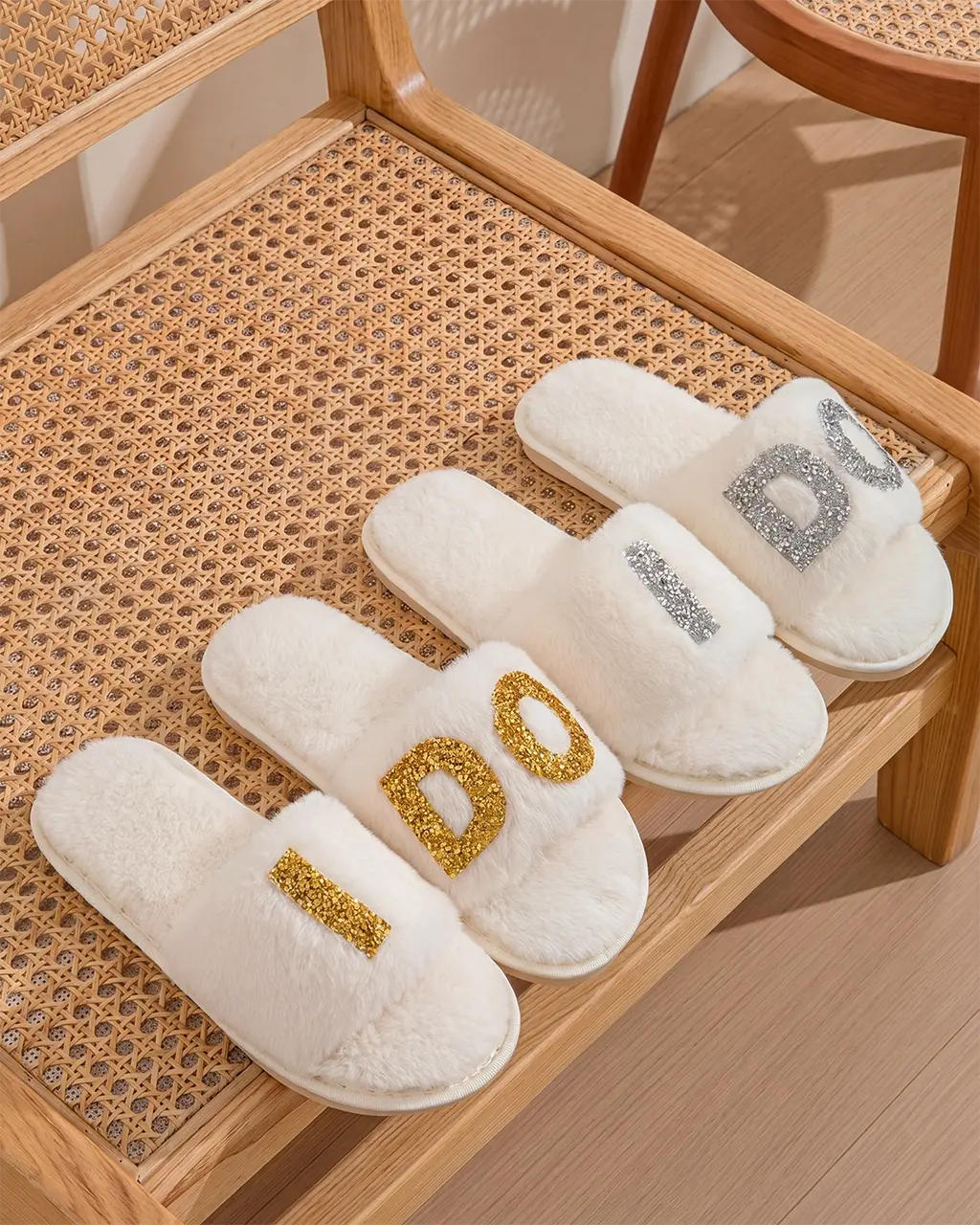 I DO Glitter Letter Fuzzy Slide Slippers OMFORT