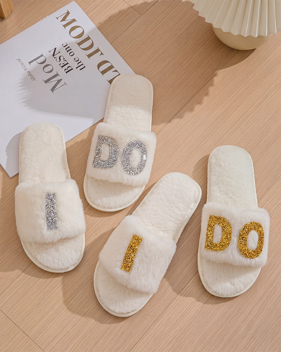I DO Glitter Letter Fuzzy Slide Slippers OMFORT