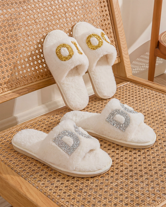 I DO Glitter Letter Fuzzy Slide Slippers OMFORT