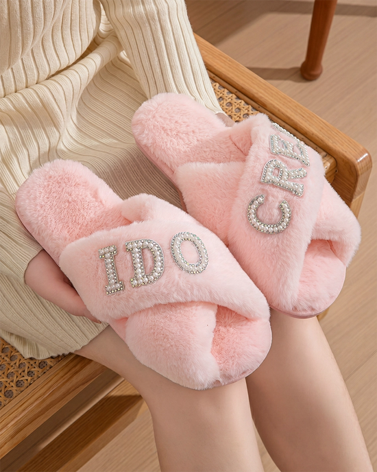 Pink I DO Pearl Cross Band Fuzzy Slippers OMFORT