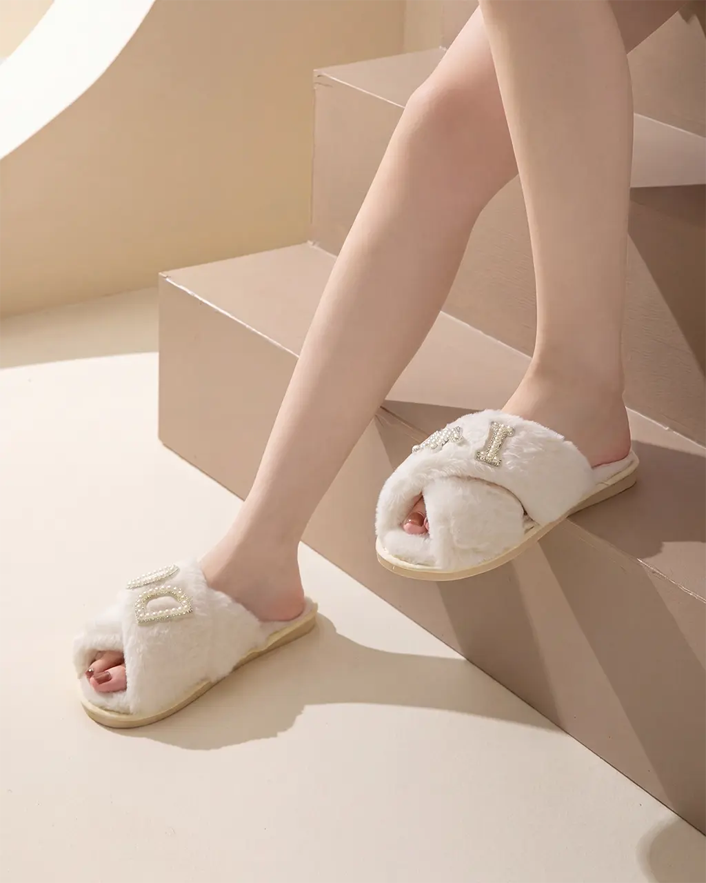 Pearl Crown & Letter Embellished Bride Slippers OMFORT