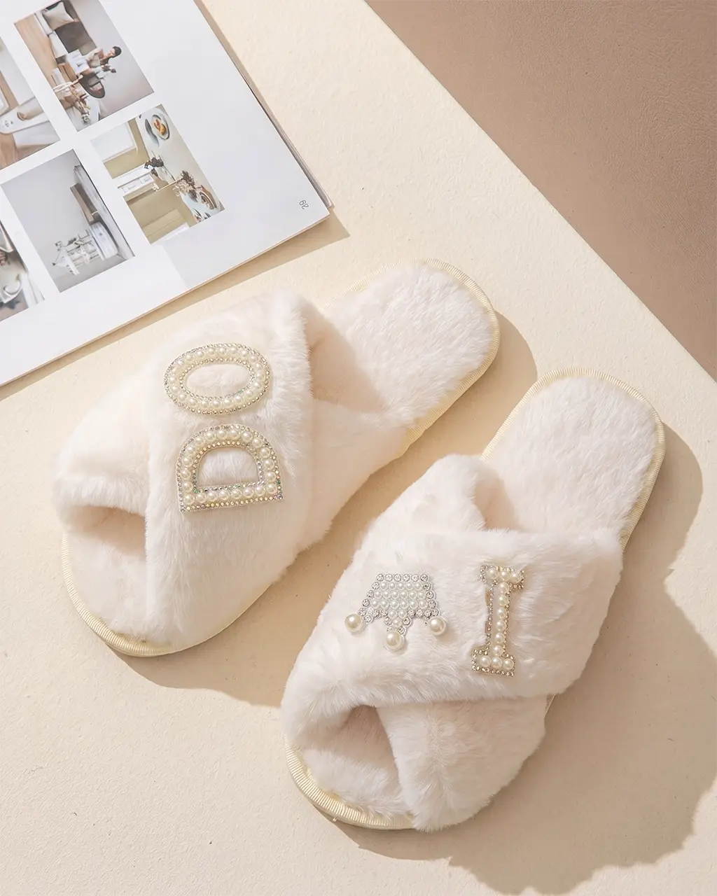 Pearl Crown & Letter Embellished Bride Slippers OMFORT