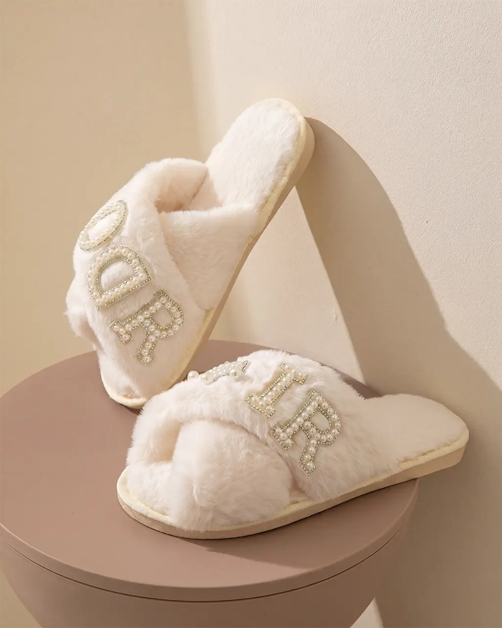 Pearl Crown & Letter Embellished Bride Slippers OMFORT