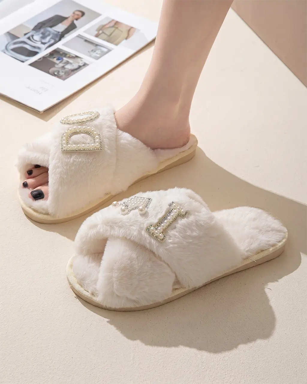Pearl Crown & Letter Embellished Bride Slippers OMFORT