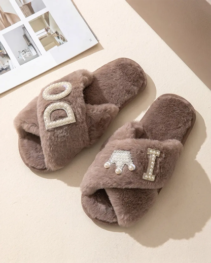 Pearl Crown & Letter Embellished Bride Slippers OMFORT