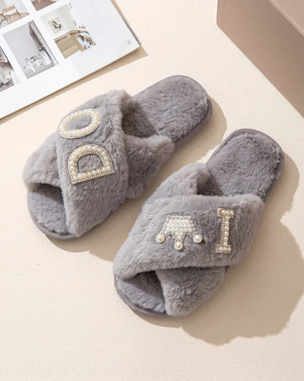 Pearl Crown & Letter Embellished Bride Slippers OMFORT
